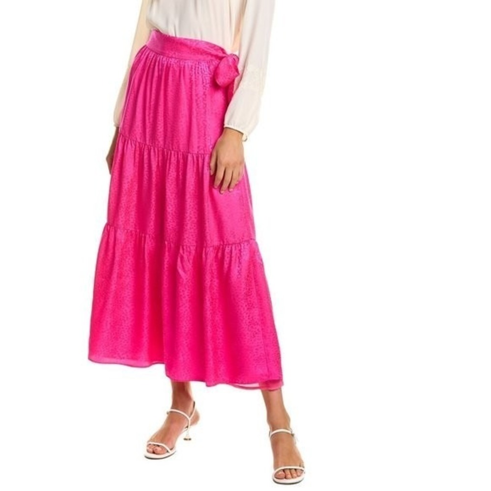 Olivia Rubin Carlotta Skirt Silk Pink Jacquard Midi Maxi Tiered Tie Waist  2
